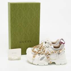 Gucci White/Grey Mesh And Leather Flashtrek Low Top Sneakers Size 36
