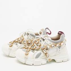 Gucci White/Grey Mesh And Leather Flashtrek Low Top Sneakers Size 36