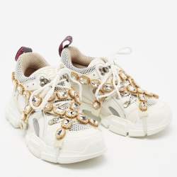 Gucci White/Grey Mesh And Leather Flashtrek Low Top Sneakers Size 36