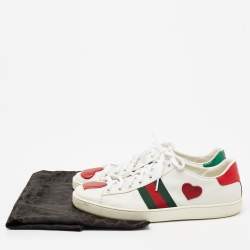 مملوكة مسبقًا حذاء رياضي غوتشي أيس ويب هارت جلد أبيض بعنق منخفض مقاس 40