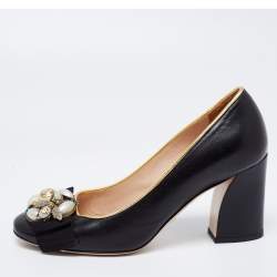 Pre Owned حذاء كعب  عالي غوتشي مزين فيونكة مزخرف لؤلؤ ونحلة وجي جي كعب مربع سميك مقاس 36