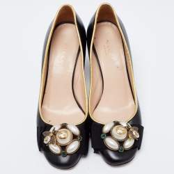 Pre Owned حذاء كعب عالي غوتشي مزين فيونكة مزخرف لؤلؤ ونحلة وجي جي كعب مربع سميك مقاس 36