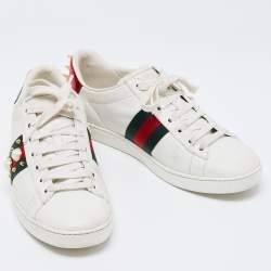 Pre Owned Gucci White Leather Faux Pearl Embellished Ace Sneakers Size 39