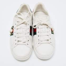 Pre Owned Gucci White Leather Faux Pearl Embellished Ace Sneakers Size 39