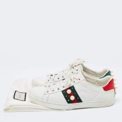 Pre Owned Gucci White Leather Faux Pearl Embellished Ace Sneakers Size 39