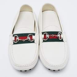 مملوكة مسبقًا Gucci White Leather Horsebit Web Detail Loafers Size 37