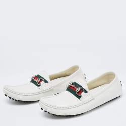مملوكة مسبقًا Gucci White Leather Horsebit Web Detail Loafers Size 37