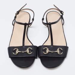 Pre Owned Gucci Black Leather Horsebit T-Strap Flats Size 39
