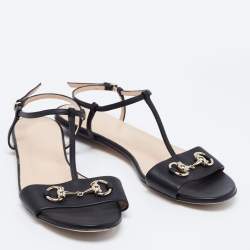 Pre Owned Gucci Black Leather Horsebit T-Strap Flats Size 39