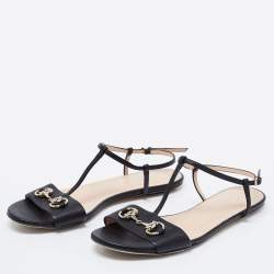 Pre Owned Gucci Black Leather Horsebit T-Strap Flats Size 39