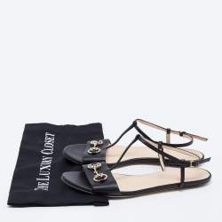 Pre Owned Gucci Black Leather Horsebit T-Strap Flats Size 39