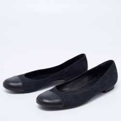 Pre Owned Gucci Blue/Black Canvas And Leather Cap Toe Flats Size 37.5