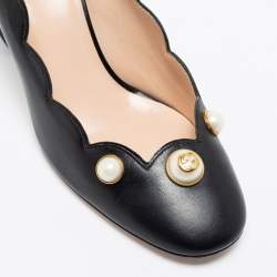 Pre Owned Gucci Black Scalloped Leather Pearl Embellished Willow Block Heel Pumps Size 37.5