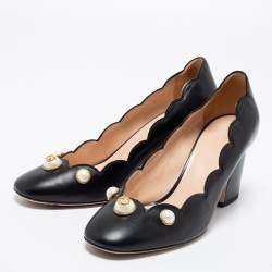 Pre Owned Gucci Black Scalloped Leather Pearl Embellished Willow Block Heel Pumps Size 37.5