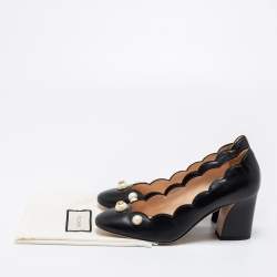 Pre Owned Gucci Black Scalloped Leather Pearl Embellished Willow Block Heel Pumps Size 37.5