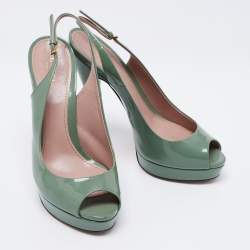 Pre Owned Gucci Green Patent Leather Peep Toe Platform Slingback Pumps Size 39