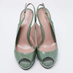 Pre Owned Gucci Green Patent Leather Peep Toe Platform Slingback Pumps Size 39