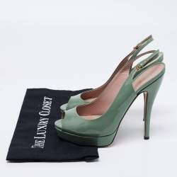 Pre Owned Gucci Green Patent Leather Peep Toe Platform Slingback Pumps Size 39