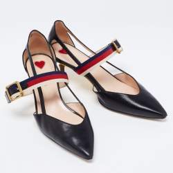 Pre Owned Gucci Black Leather Sylvie Web Strap Bamboo Heel Unia Pumps Size 37
