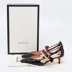 Pre Owned Gucci Black Leather Sylvie Web Strap Bamboo Heel Unia Pumps Size 37