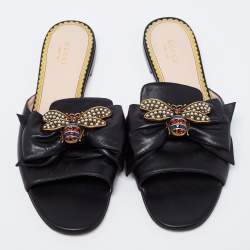 مملوكة مسبقًا صندل فلات غوتشي جلد أسود مزخرف نحلة مقاس 39