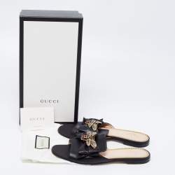 مملوكة مسبقًا صندل فلات غوتشي جلد أسود مزخرف نحلة مقاس 39
