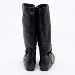 Pre Owned Gucci Black Leather Sachalin Interlocking Double G Riding Boots Size 37.5 