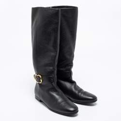 Pre Owned Gucci Black Leather Sachalin Interlocking Double G Riding Boots Size 37.5 