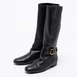 Pre Owned Gucci Black Leather Sachalin Interlocking Double G Riding Boots Size 37.5 