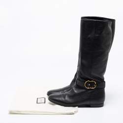 Pre Owned Gucci Black Leather Sachalin Interlocking Double G Riding Boots Size 37.5 