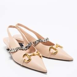 Pre Owned Gucci Beige Leather Horsebit Pointed Toe Slingback Sandals Size 38.5