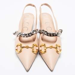 Pre Owned Gucci Beige Leather Horsebit Pointed Toe Slingback Sandals Size 38.5