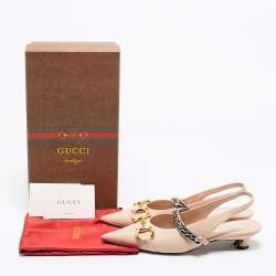 Pre Owned Gucci Beige Leather Horsebit Pointed Toe Slingback Sandals Size 38.5