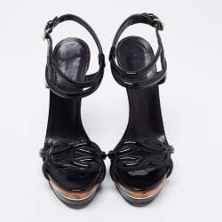 Gucci Black Patent Leather Orchid Twist Detail Tortoise Heel Platform Sandals Size 38
