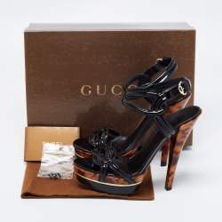 Gucci Black Patent Leather Orchid Twist Detail Tortoise Heel Platform Sandals Size 38