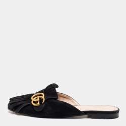 Pre Owned Gucci Black Suede GG Marmont Kiltie Mules Size 38.5