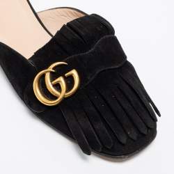Pre Owned Gucci Black Suede GG Marmont Kiltie Mules Size 38.5