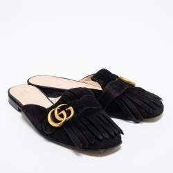 Pre Owned Gucci Black Suede GG Marmont Kiltie Mules Size 38.5