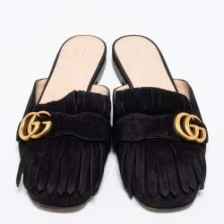 Pre Owned Gucci Black Suede GG Marmont Kiltie Mules Size 38.5