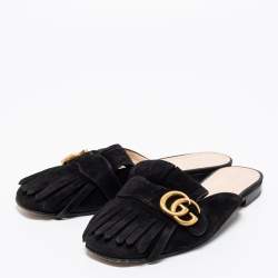 Pre Owned Gucci Black Suede GG Marmont Kiltie Mules Size 38.5