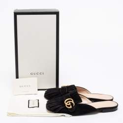 Pre Owned Gucci Black Suede GG Marmont Kiltie Mules Size 38.5