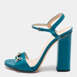 Pre Owned Gucci Blue Turquoise Leather Horsebit Block Heel Ankle-Strap Sandals Size 39