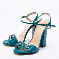 Pre Owned Gucci Blue Turquoise Leather Horsebit Block Heel Ankle-Strap Sandals Size 39
