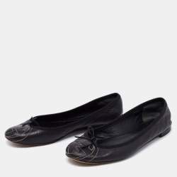 Pre Owned Gucci Black Leather GG Interlocking Bow Ballet Flats Size 38