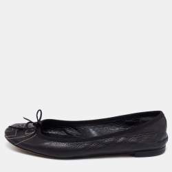 Pre Owned Gucci Black Leather GG Interlocking Bow Ballet Flats Size 38
