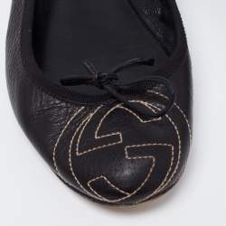 Pre Owned Gucci Black Leather GG Interlocking Bow Ballet Flats Size 38