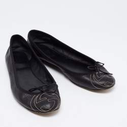Pre Owned Gucci Black Leather GG Interlocking Bow Ballet Flats Size 38