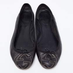 Pre Owned Gucci Black Leather GG Interlocking Bow Ballet Flats Size 38