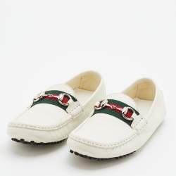 Pre Owned Gucci White Leather Web Horsebit Slip On Loafers Size 36.5