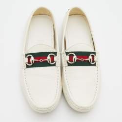 Pre Owned Gucci White Leather Web Horsebit Slip On Loafers Size 36.5